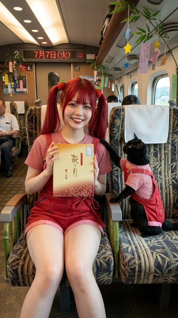 A young woman with bright red twin-tailed hair, wearing a red striped shirt and red overalls, sits on a train holding a gift box. A black cat in a matching outfit sits next to her.