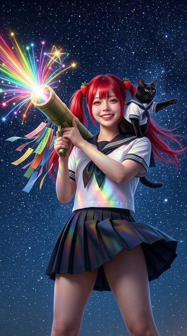 A young woman with bright red hair in pigtails, wearing a sailor-style uniform and a short pleated skirt, holds a device that shoots colorful fireworks into a starry night sky. A black cat in a sailor shirt sits on her shoulder.