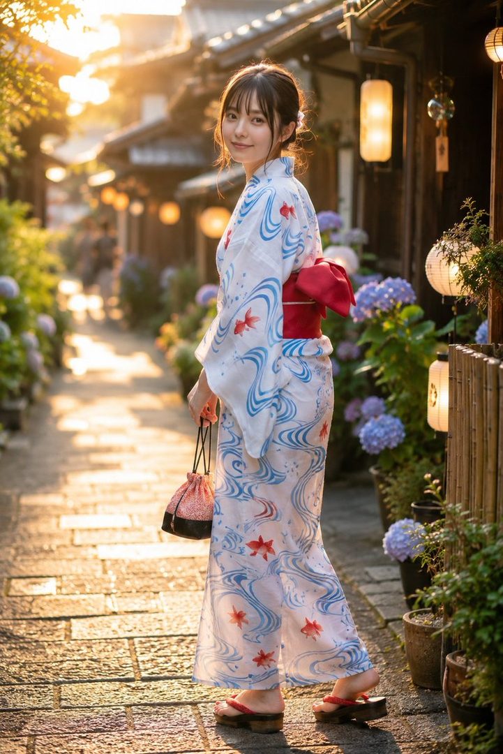 A young woman in a traditional Japanese yukata with a goldfish pattern stands on a stone path in a quaint street lined with hydrangeas and lanterns, bathed in warm golden hour light.