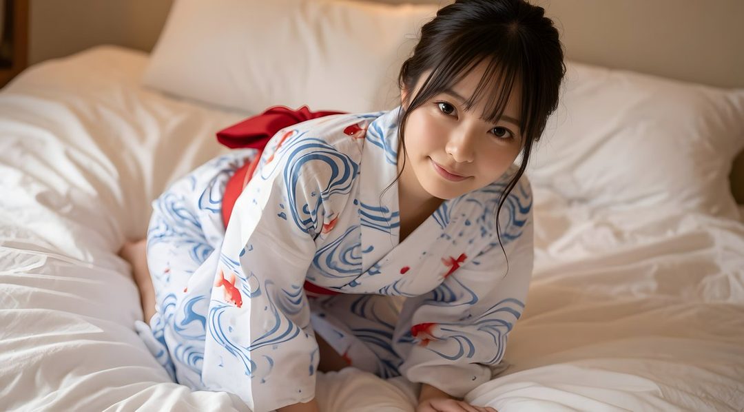 A young woman in a traditional Japanese yukata with a goldfish pattern poses on a bed, looking at the camera with a gentle smile.
