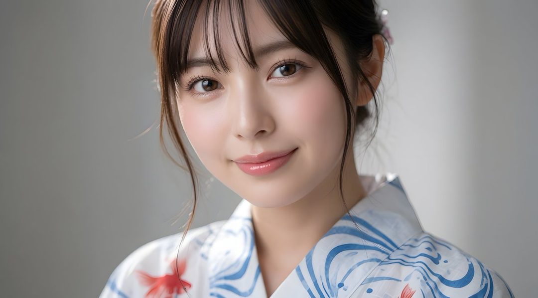 A beautiful young East Asian woman with long brown hair, wearing a traditional Japanese yukata with a goldfish pattern, smiles gently in a studio portrait.