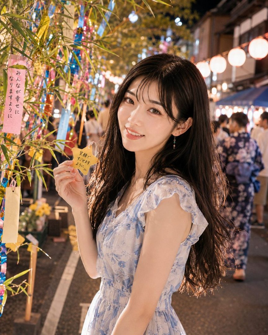 A beautiful young woman with long dark hair smiles gently, holding a yellow wish tag at a Japanese Tanabata festival at night.