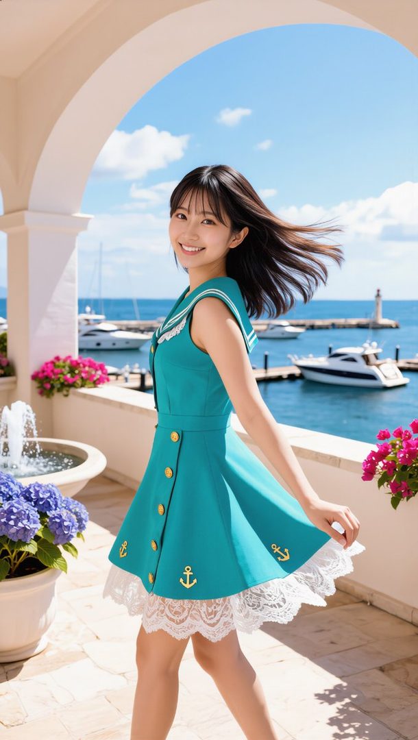 A young woman in a teal sailor-style dress with white lace trim and gold anchor accents smiles brightly while posing outdoors by a marina with yachts and a lighthouse in the background.