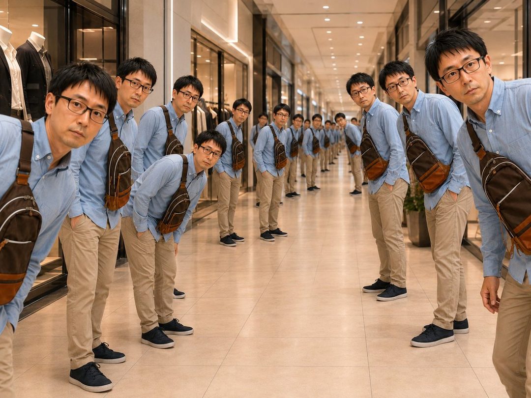 A man in a light blue shirt and khaki pants, wearing glasses and a sling bag, is repeated in a hallway, creating a dizzying effect.