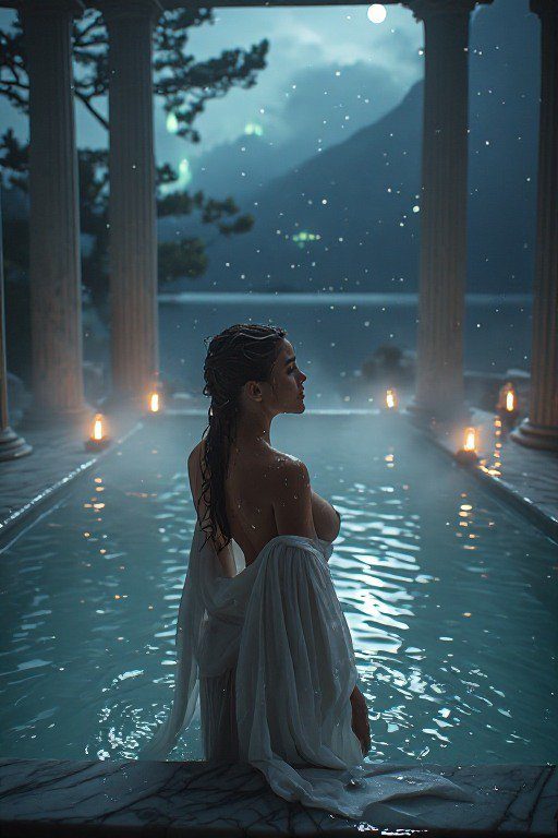 A woman with wet dark hair stands in a steaming outdoor pool at night, draped in a white cloth, with classical columns and a moonlit sky in the background.