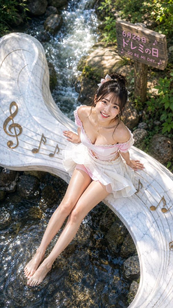 A smiling woman with dark hair in a bun, wearing a pink off-shoulder top and white mini skirt, sits on a musical note-decorated structure by a stream in a sunny forest.