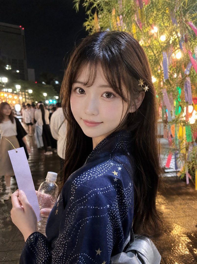 A young woman in a dark blue yukata with a star pattern smiles gently, holding a bottle of water and a tanzaku strip at night.