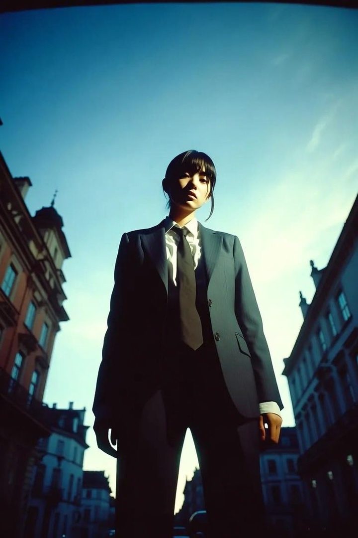 A young woman in a dark suit and tie stands on a city street, looking up at the camera with a serious expression.