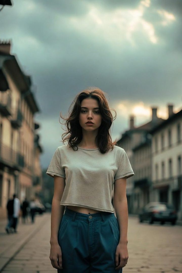 A young woman with long brown hair stands in the middle of a street, looking directly at the camera with a serious expression. She is wearing a light-colored crop top and blue pants.