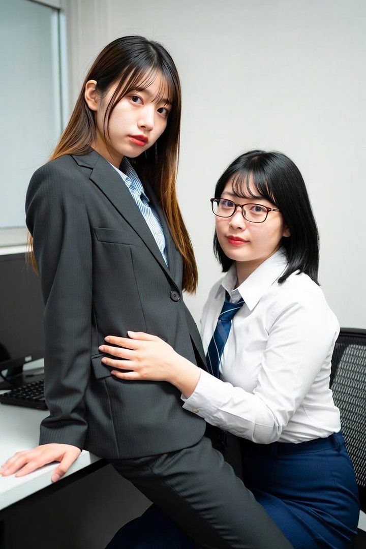 Two young women in business attire posing suggestively in an office setting.