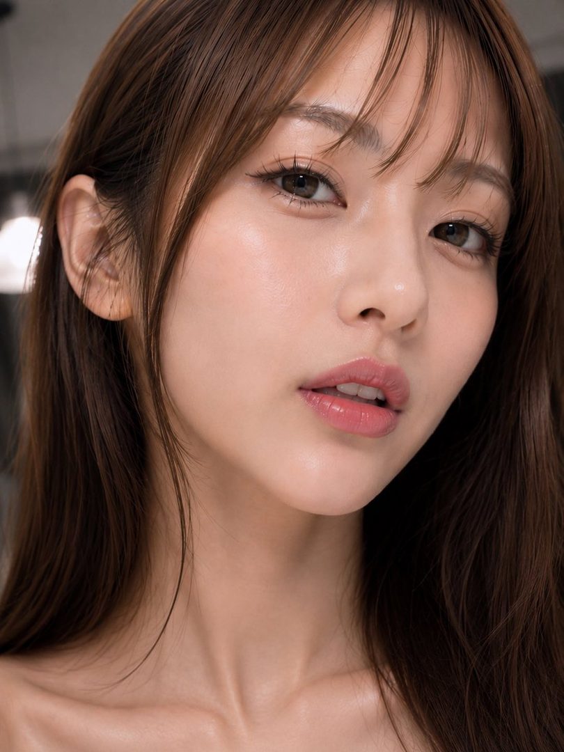 Close-up portrait of a beautiful young East Asian woman with long brown hair and bangs, looking directly at the camera with a soft expression.