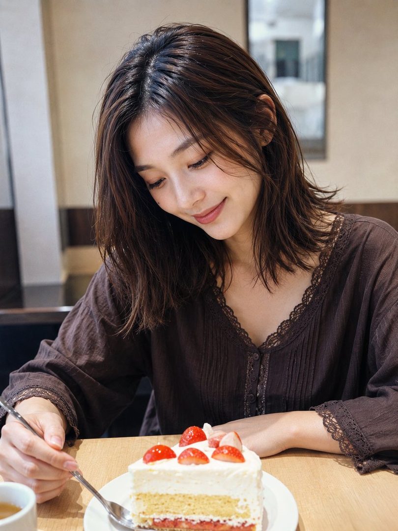 A young East Asian woman with long brown hair smiles gently while looking down at a slice of strawberry cake on a wooden table.