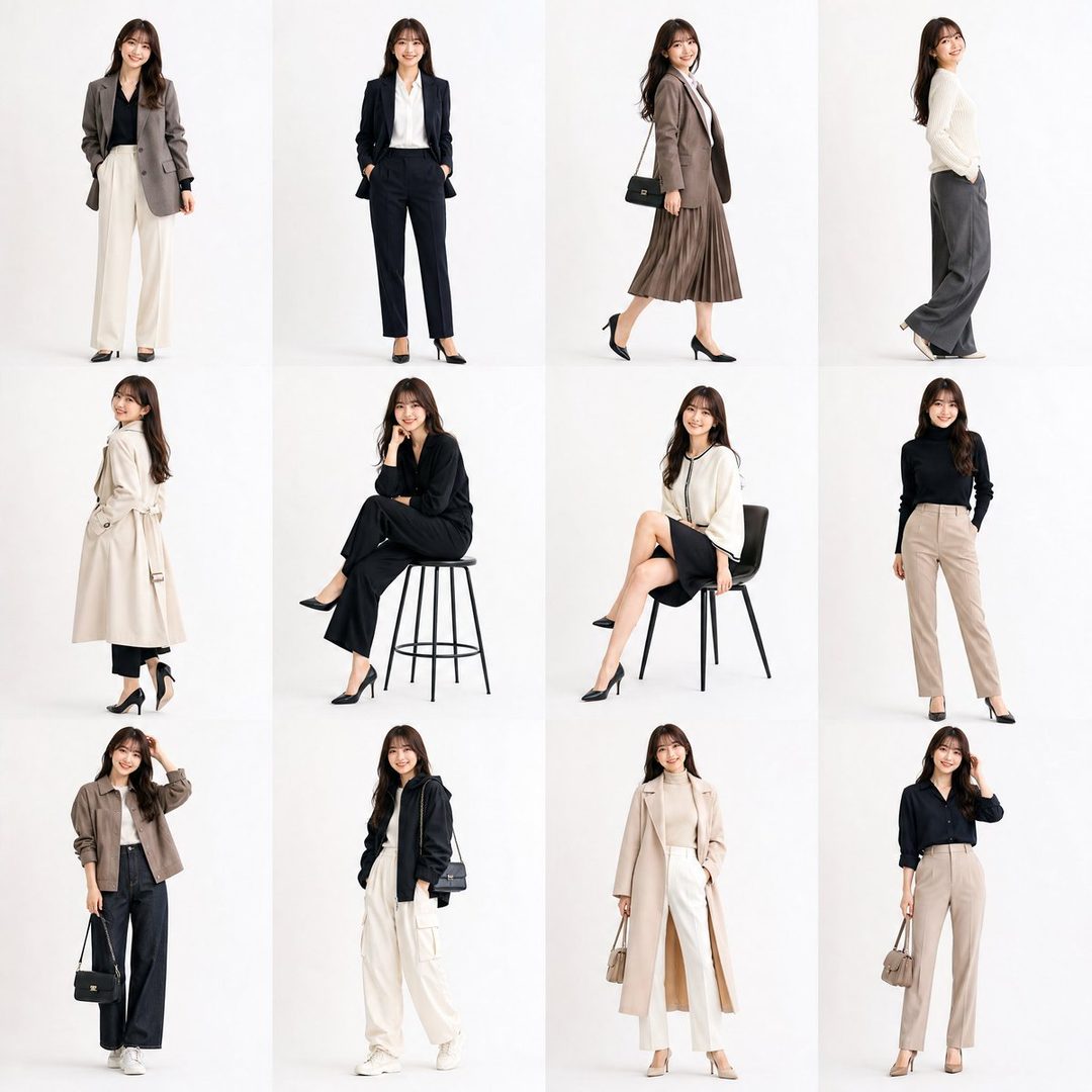A young East Asian woman models various business casual and casual outfits in a studio setting.