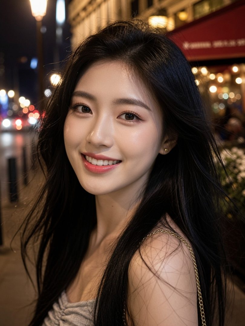 A beautiful young East Asian woman with long black hair smiles warmly at the camera on a city street at night.