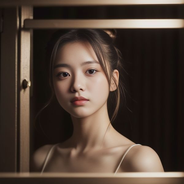 A photorealistic portrait of a young East Asian woman with her hair in a bun, wearing a simple camisole, looking directly at the camera with a gentle expression.
