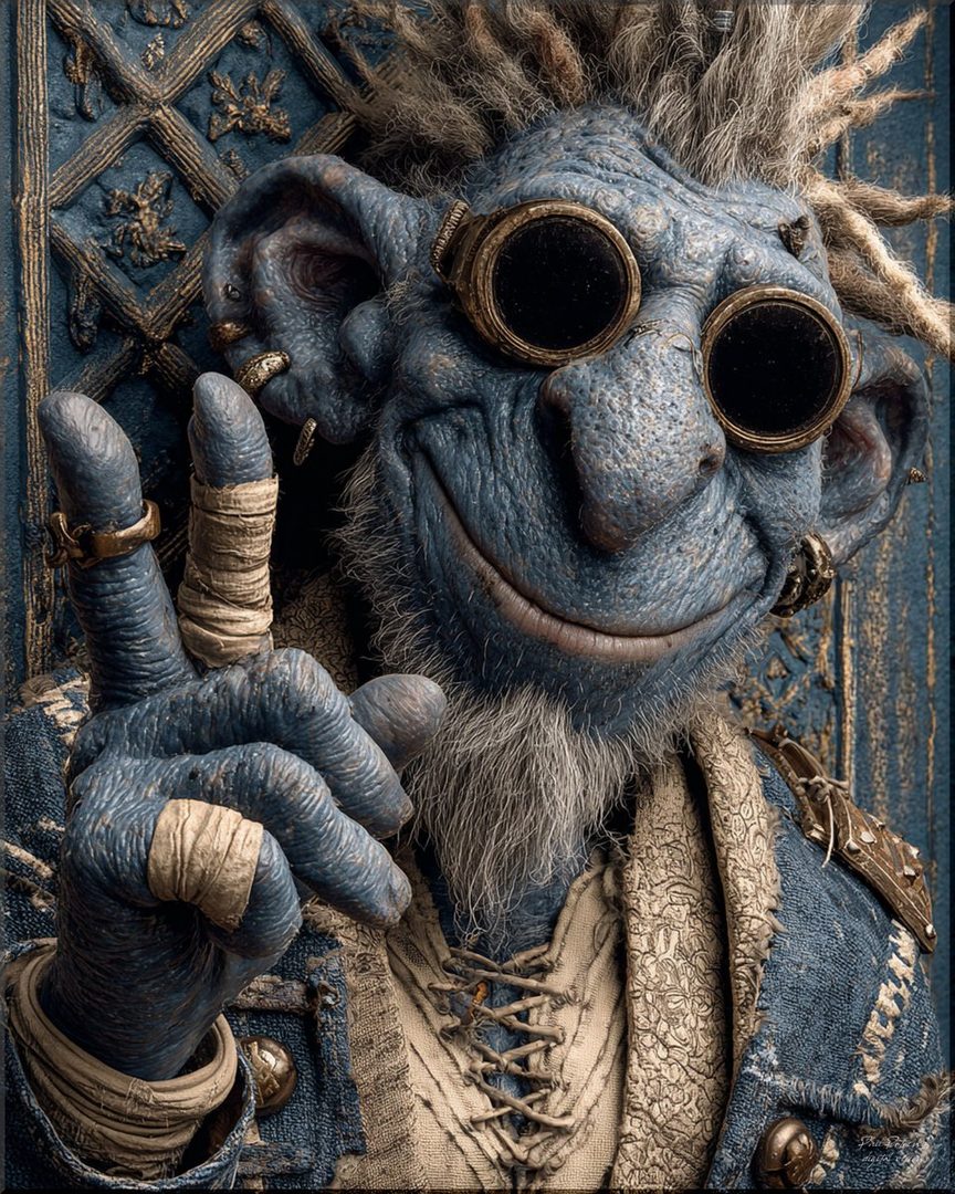 A blue, troll-like creature with dreadlocks and goggles smiles and holds up two fingers in a peace sign.