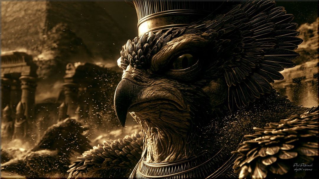 A majestic, anthropomorphic eagle-headed deity wearing a pharaonic crown and ornate armor, standing against a backdrop of ancient Egyptian pyramids and ruins.