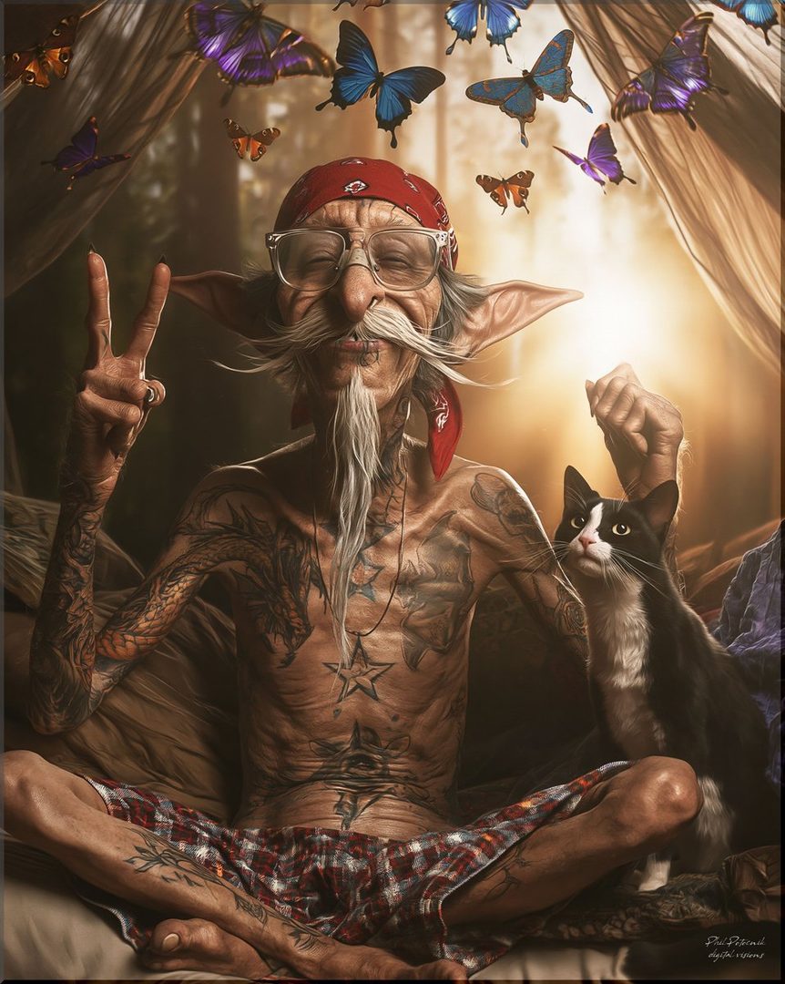 An elderly, tattooed man with pointed ears and a long white beard sits cross-legged with a cat, surrounded by butterflies.