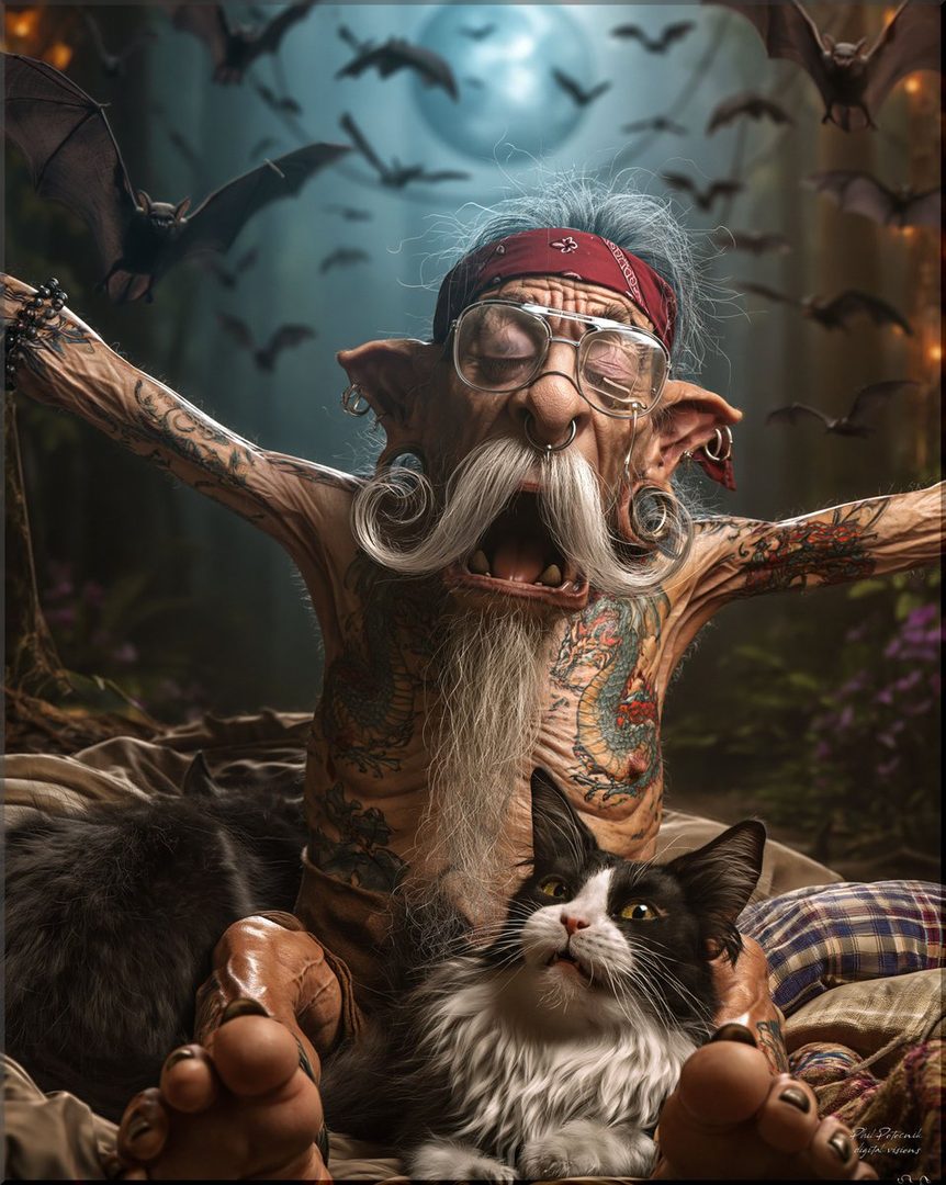 A fantasy portrait of an elderly, tattooed goblin-like creature with a long white beard and mustache, wearing glasses and a bandana, holding two cats, with bats flying in the background under a full moon.