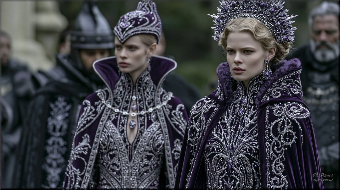 Two women in ornate purple and silver medieval-inspired gowns and crowns, posing outdoors.