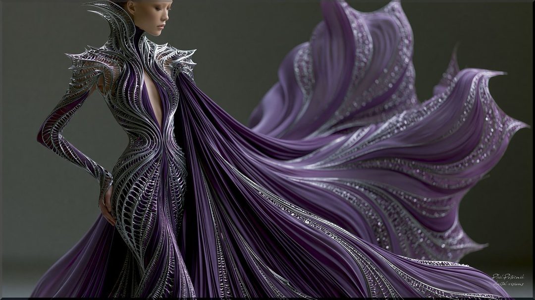 A woman in a striking silver and purple avant-garde gown with intricate detailing and a flowing train, posing in a studio setting.