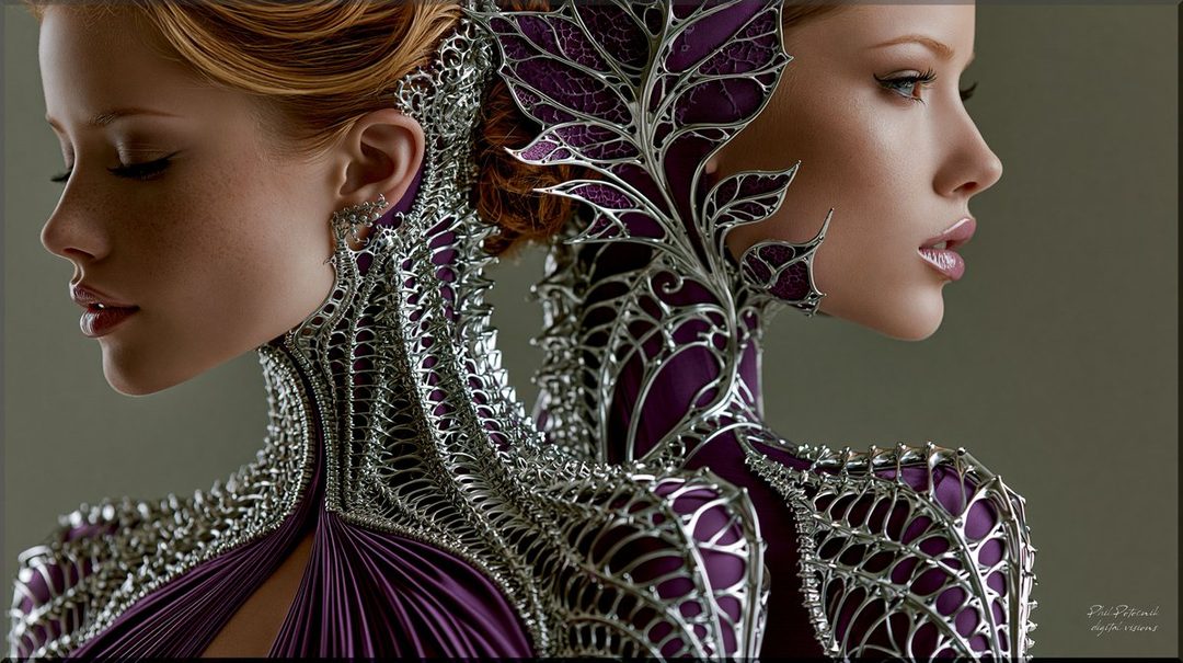 Two AI-generated women with striking silver and purple ornate armor-like dresses, posing back-to-back in a studio portrait.