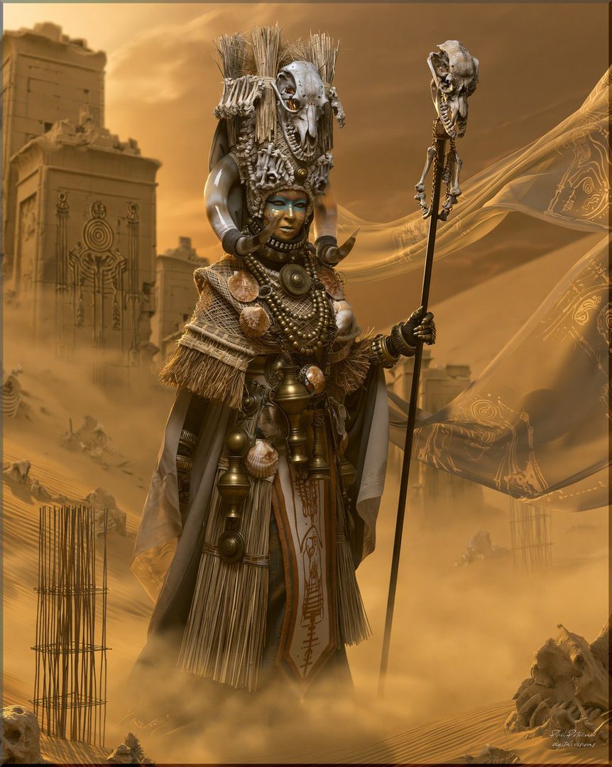 A regal figure in elaborate desert attire, adorned with skulls and shells, holding a staff, standing in a sandy, ancient ruin landscape.
