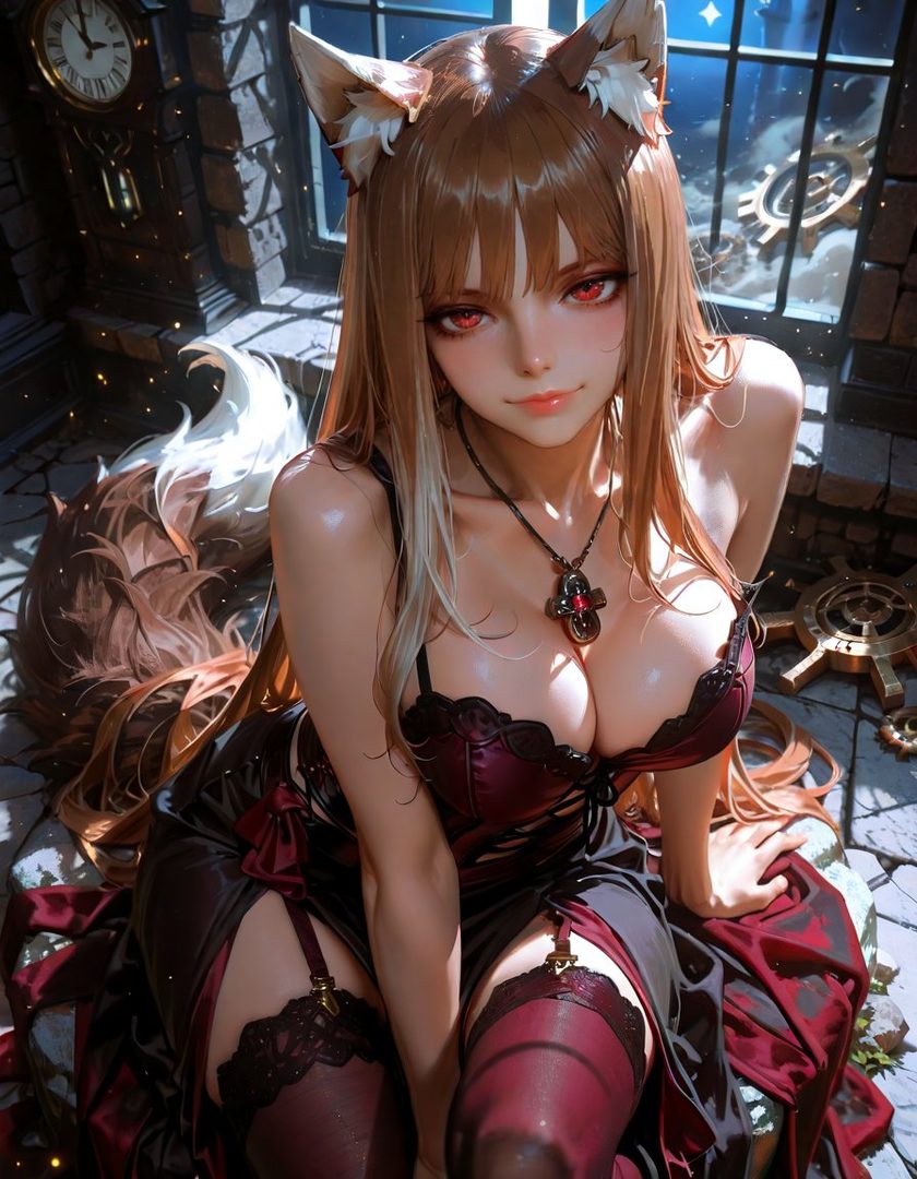 A beautiful AI-generated woman with wolf ears and a tail, wearing a revealing dark red dress and stockings, posing in a dimly lit room with a clock and gears.