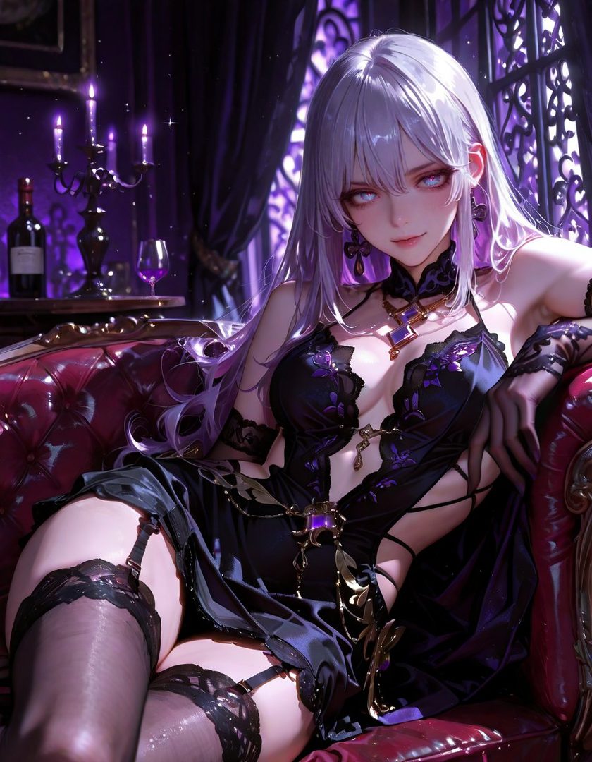A photorealistic AI portrait of a woman with long white hair and purple eyes, wearing a revealing black dress and stockings, sitting on a red couch in a dimly lit room with purple candlelight.