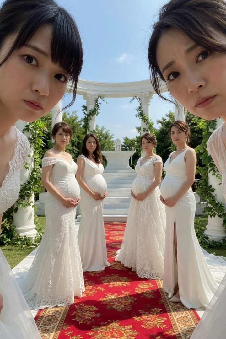 Five pregnant women in white dresses pose for a photo outdoors, with a decorative archway and red carpet.