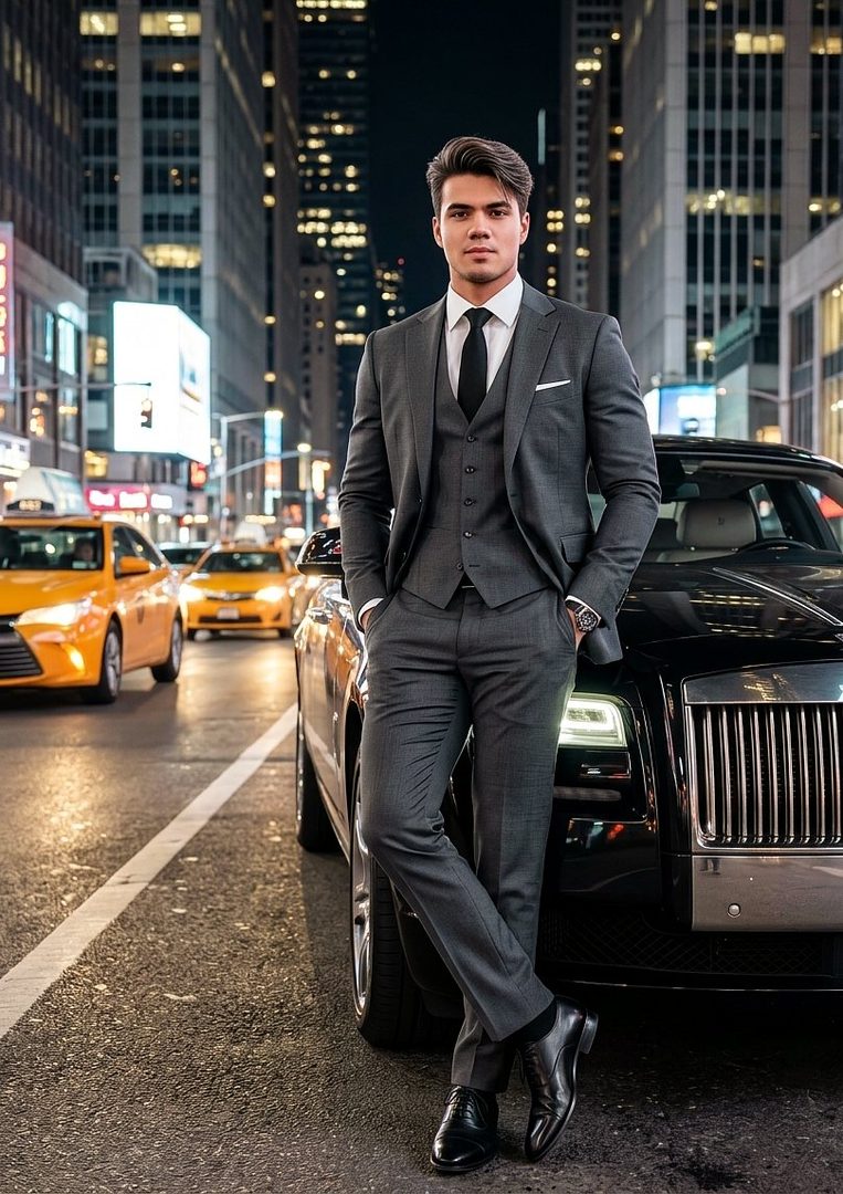 A man in a grey suit and tie stands next to a luxury car on a city street at night.