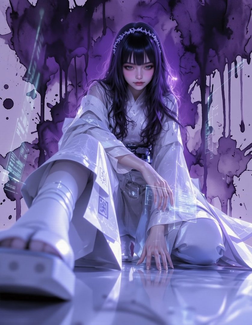 A young woman with long black hair and bangs, wearing a white kimono-like outfit and platform sandals, sits on a reflective floor with a purple abstract background.