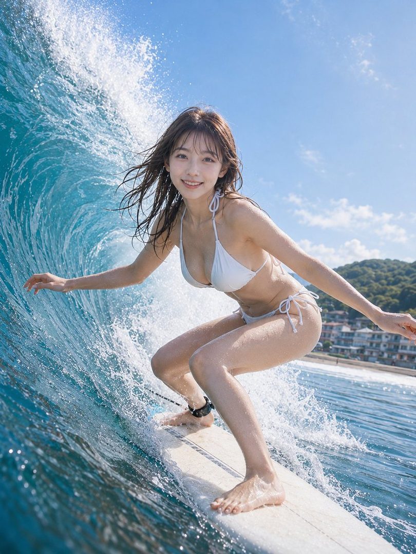 A young woman in a white bikini surfs a wave with a bright blue sky and coastline in the background.