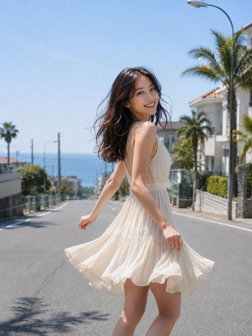 A young woman in a flowing cream dress twirls on a sunny street with a view of the ocean and palm trees.