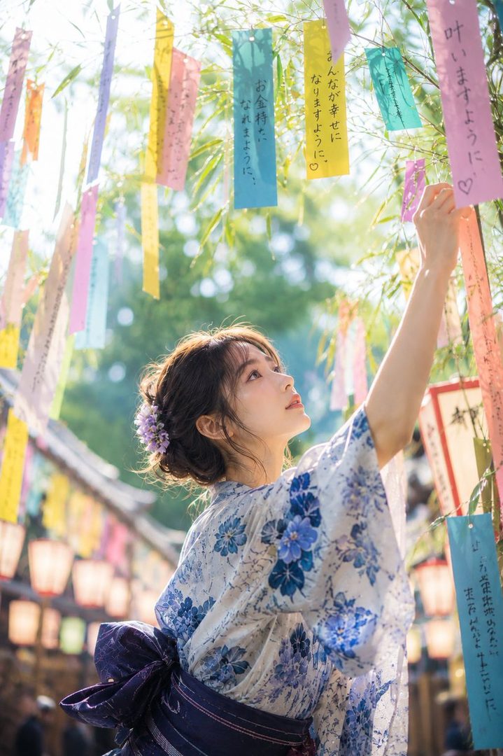A young woman in a blue and white floral yukata reaches up to a colorful Tanabata wish strip hanging from a bamboo branch, with lanterns blurred in the background.
