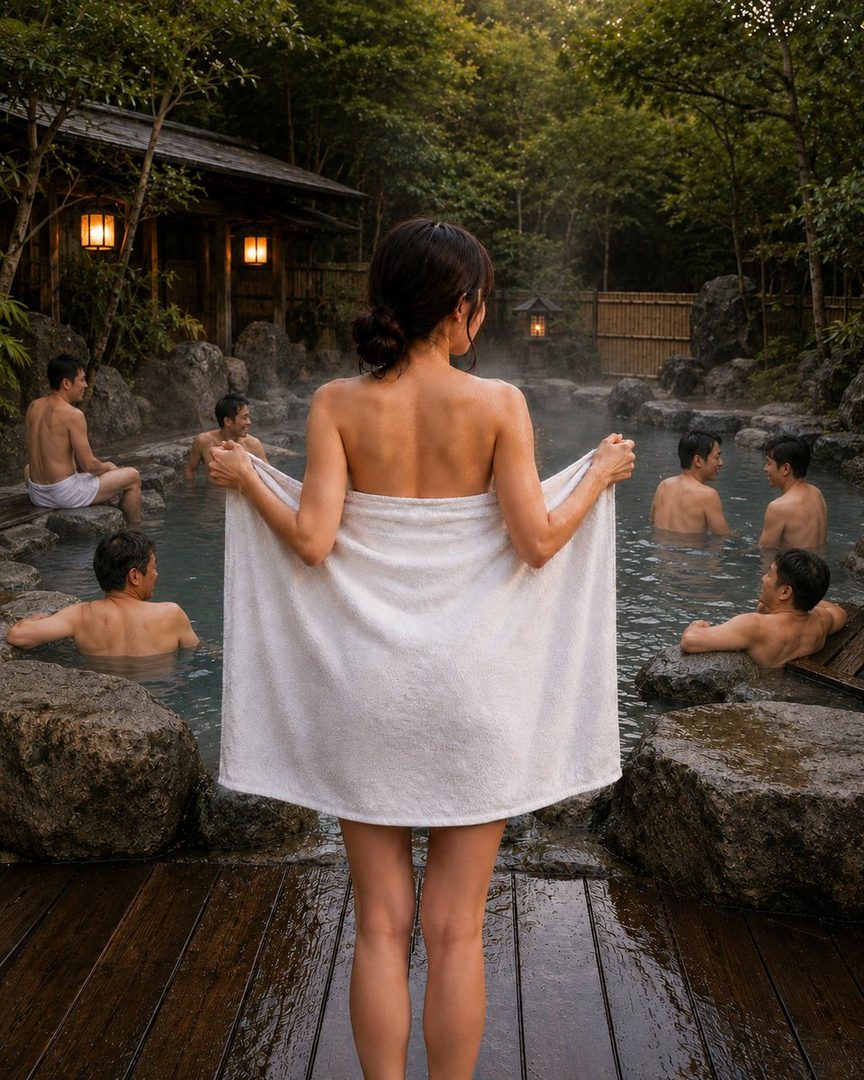 A woman in a towel stands in front of a Japanese outdoor hot spring, with several men bathing in the background.