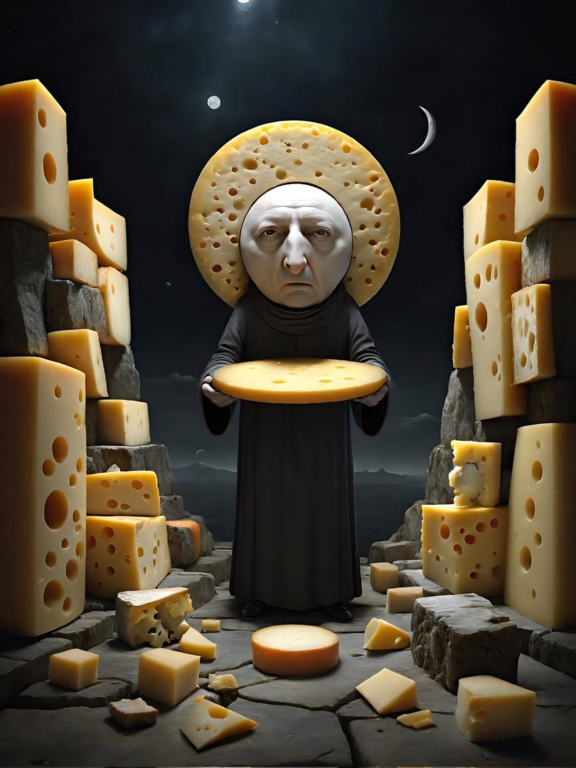 A surreal portrait of a monk-like figure with a cheese halo and holding a cheese wheel, surrounded by stacks of cheese under a night sky with moons.