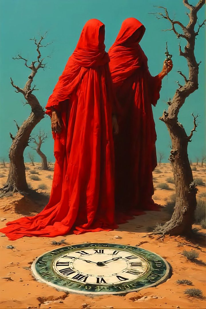 Two figures in flowing red robes stand in a desolate desert landscape with dead trees, a large clock face lies on the ground.