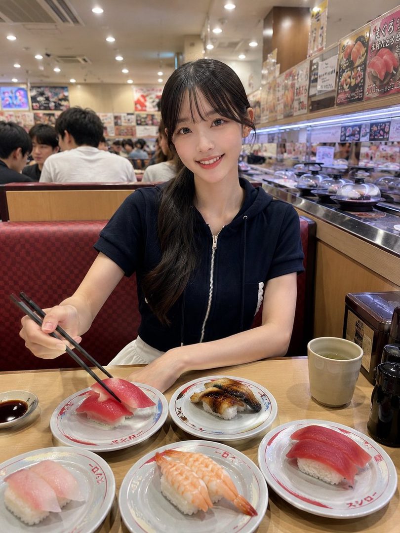A young woman with dark hair in a ponytail smiles while eating sushi at a conveyor belt sushi restaurant.