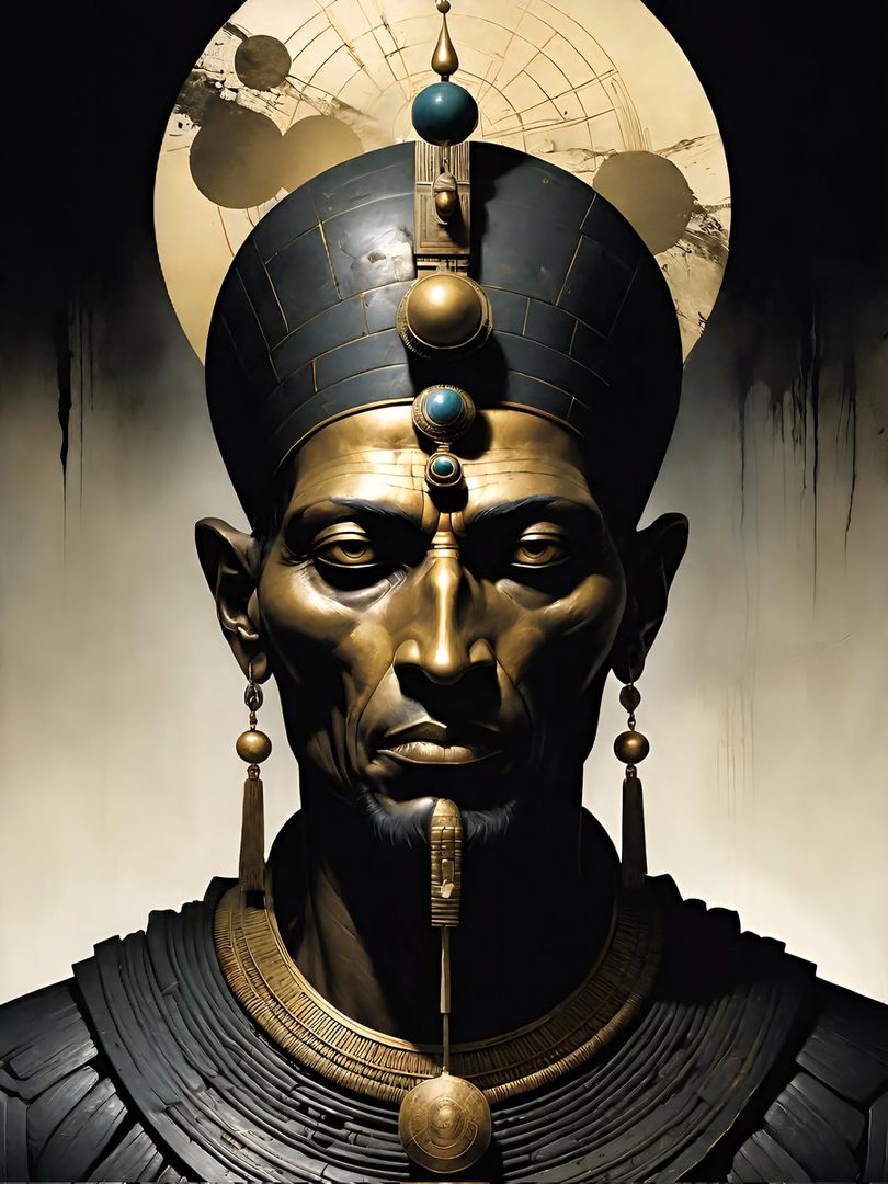 A photorealistic portrait of an ancient Egyptian pharaoh wearing a golden nemes headdress and ornate jewelry, with a celestial background.