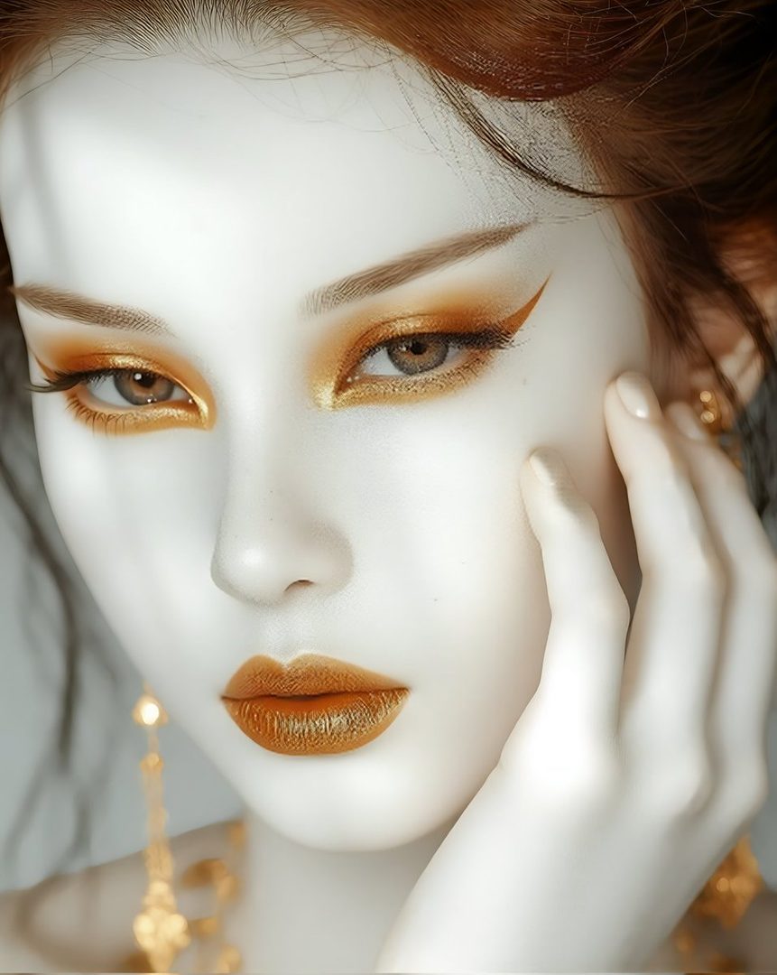 Close-up portrait of an AI-generated woman with striking golden eye makeup and lips, her hand gently touching her face.