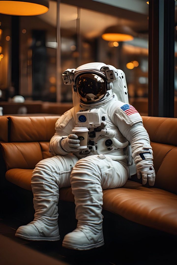 An astronaut in a white spacesuit sits on a brown leather couch, holding a cup of coffee.