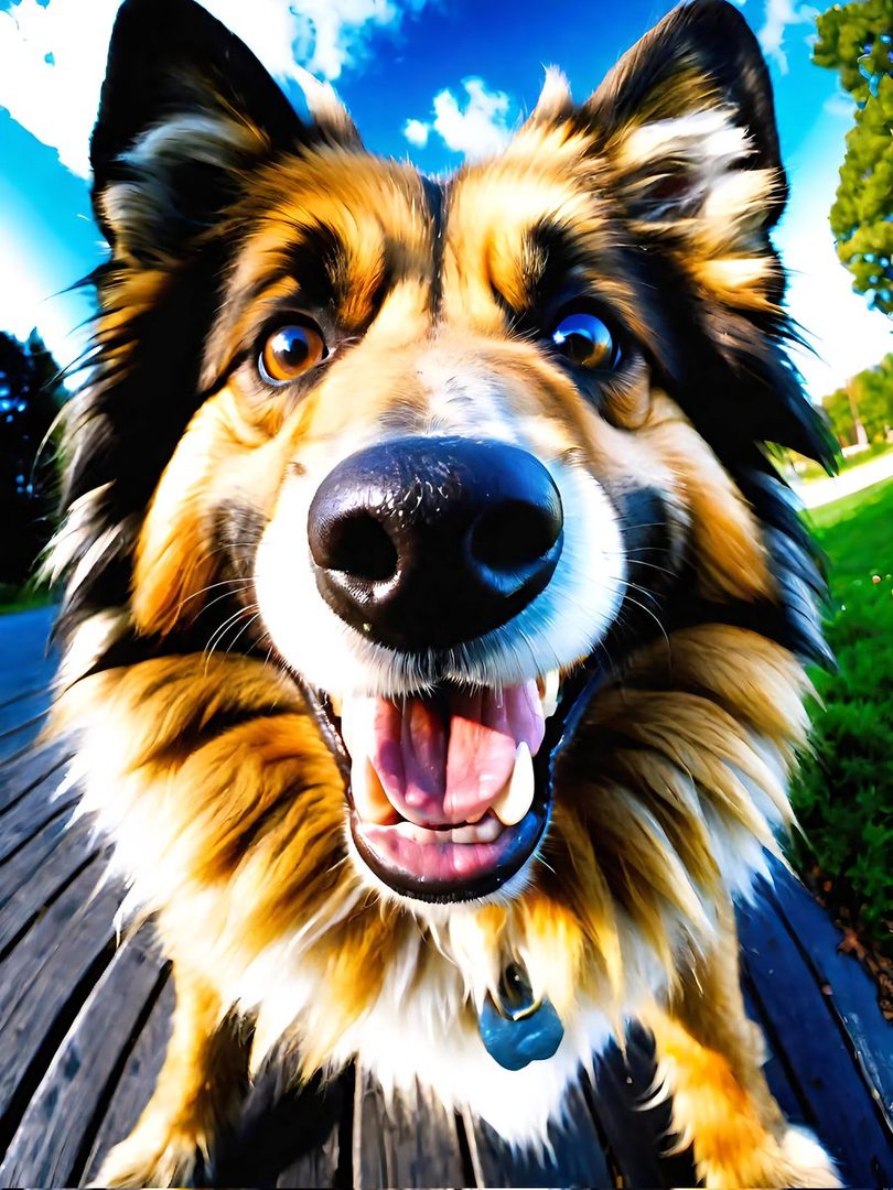 A close-up, photorealistic portrait of a happy dog with its mouth open, panting, outdoors on a sunny day.