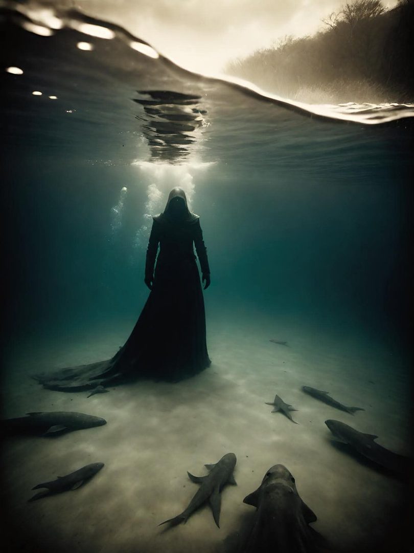 A person in a dark hooded robe stands underwater surrounded by fish.