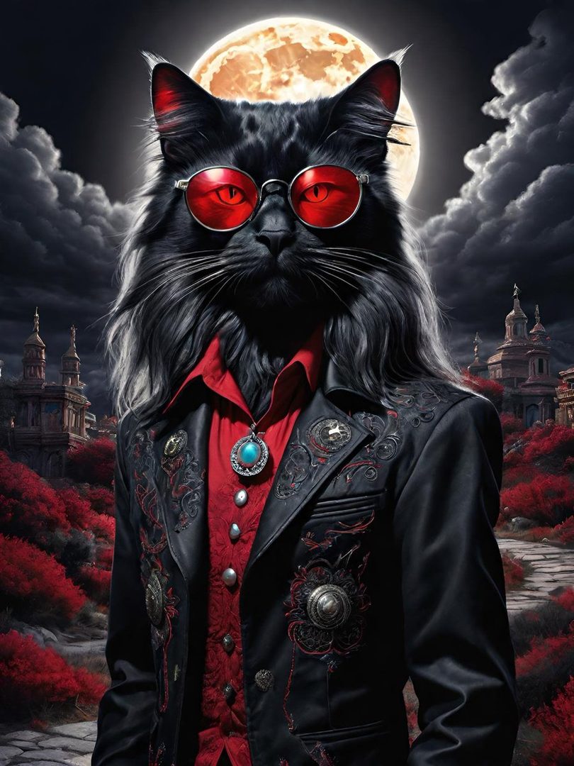 A photorealistic portrait of a black cat wearing red-rimmed glasses, a red shirt, and an ornate black jacket, standing outdoors under a full moon with a gothic cityscape in the background.