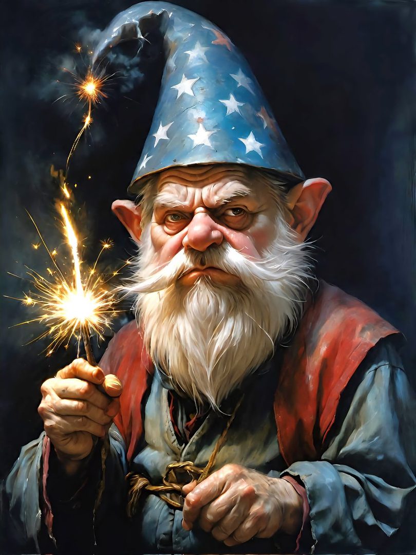 A photorealistic portrait of an elderly gnome wizard with a long white beard and a blue hat adorned with stars, holding a sparkler that is lit.