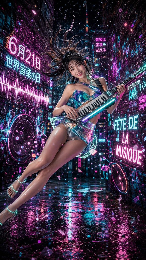 A woman in a holographic outfit plays a keytar in a vibrant cyberpunk city street illuminated by neon lights, celebrating World Music Day.