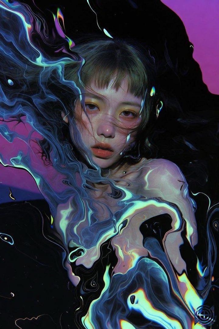 A surreal portrait of a young East Asian woman with bangs, her face partially obscured by swirling, iridescent liquid-like effects.
