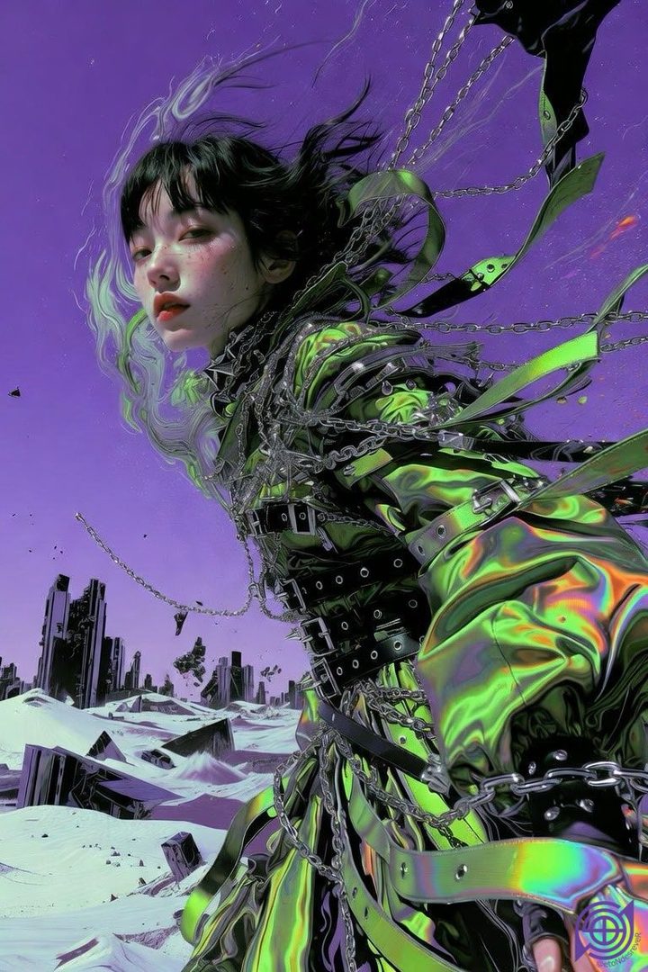 A young woman with black hair, wearing a futuristic green and black outfit adorned with chains and belts, stands in a desolate, futuristic city landscape under a purple sky.