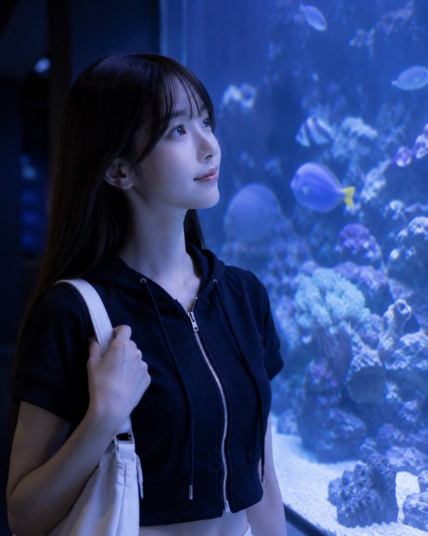 A young woman with long dark hair and a black cropped hoodie looks up at a vibrant blue aquarium filled with fish and coral.